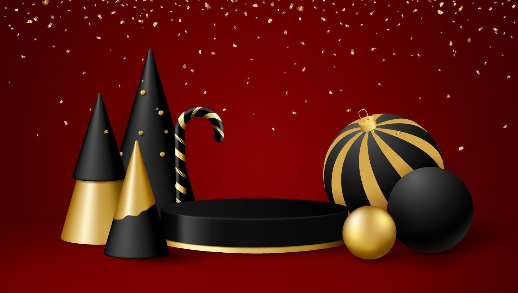 Christmas 3d scene with black and gold podium platform, balls, candy and Christmas trees. vector