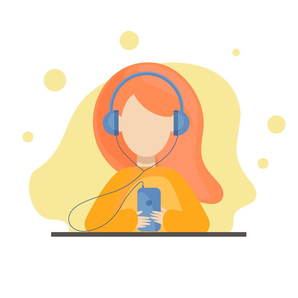 flat vector red girl listens to music through headphones and holds a music player in her hands