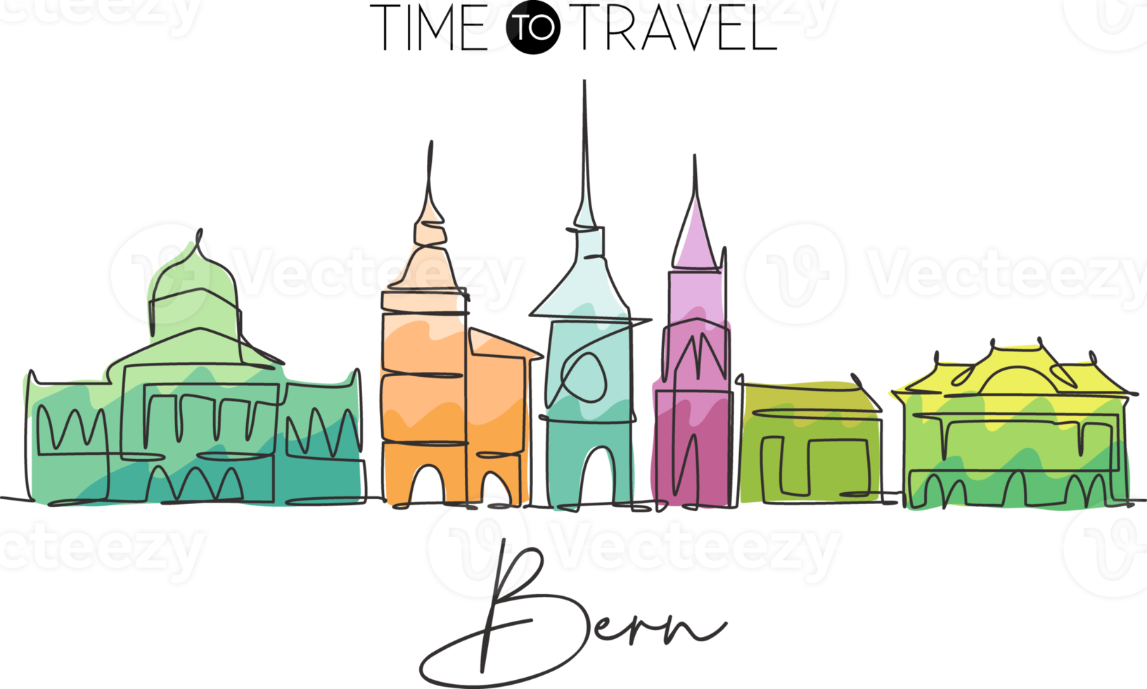 One single line drawing of Bern city skyline, Switzerland. Historical skyscraper landscape in world. Best holiday destination wall decor poster. Trendy continuous line draw design vector illustration png