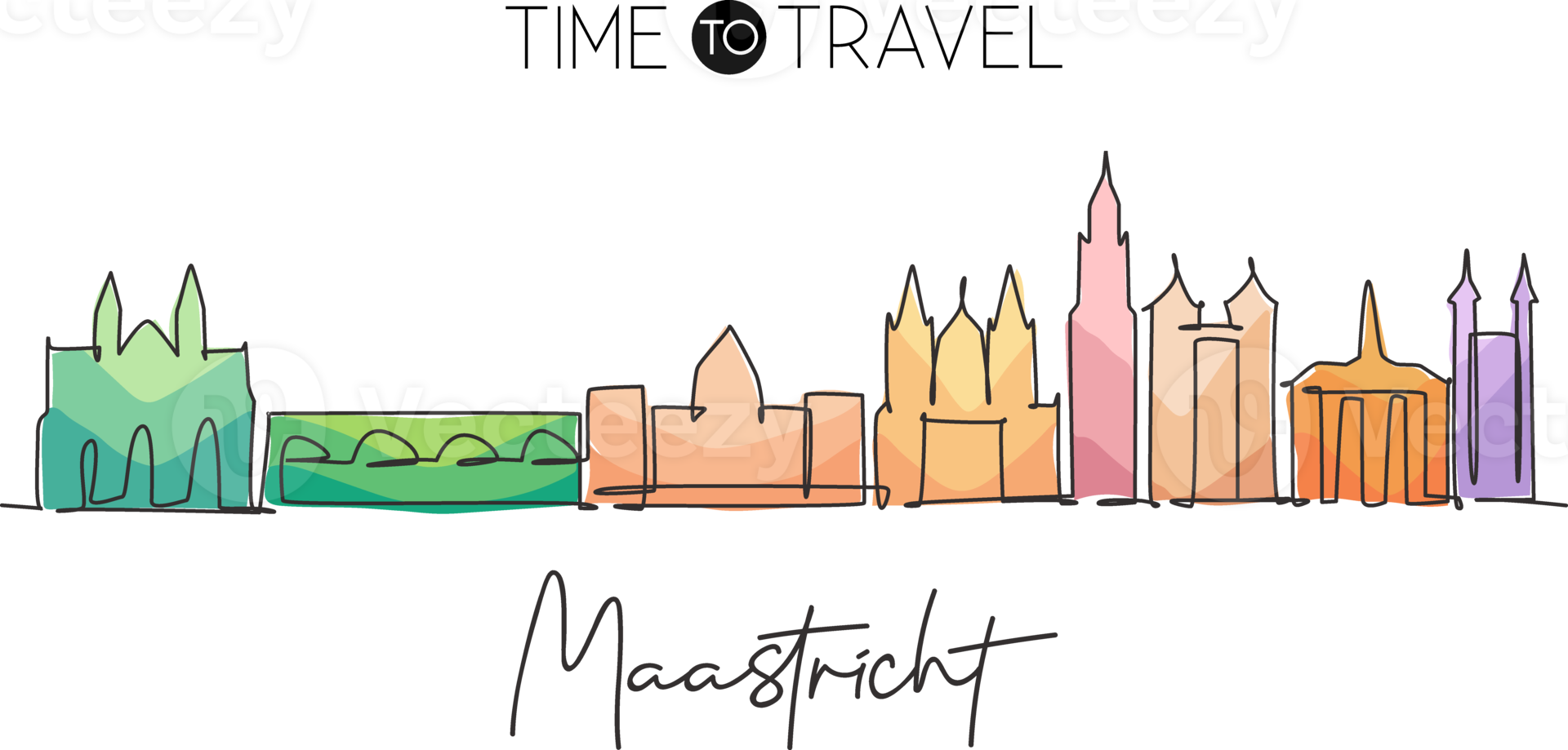 One continuous line drawing of Maastricht city skyline, Netherlands. Beautiful skyscraper postcard. World landscape tourism travel wall decor poster print. Single line draw design vector illustration png