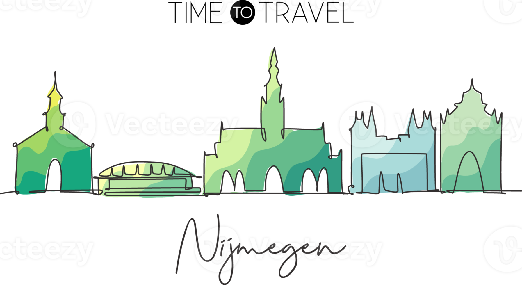 een doorlopende lijntekening van de skyline van de stad nijmegen, nederland. mooie wolkenkrabber. wereld landschap toerisme reizen vakantie muur decor poster print. enkele lijn tekenen ontwerp vectorillustratie png