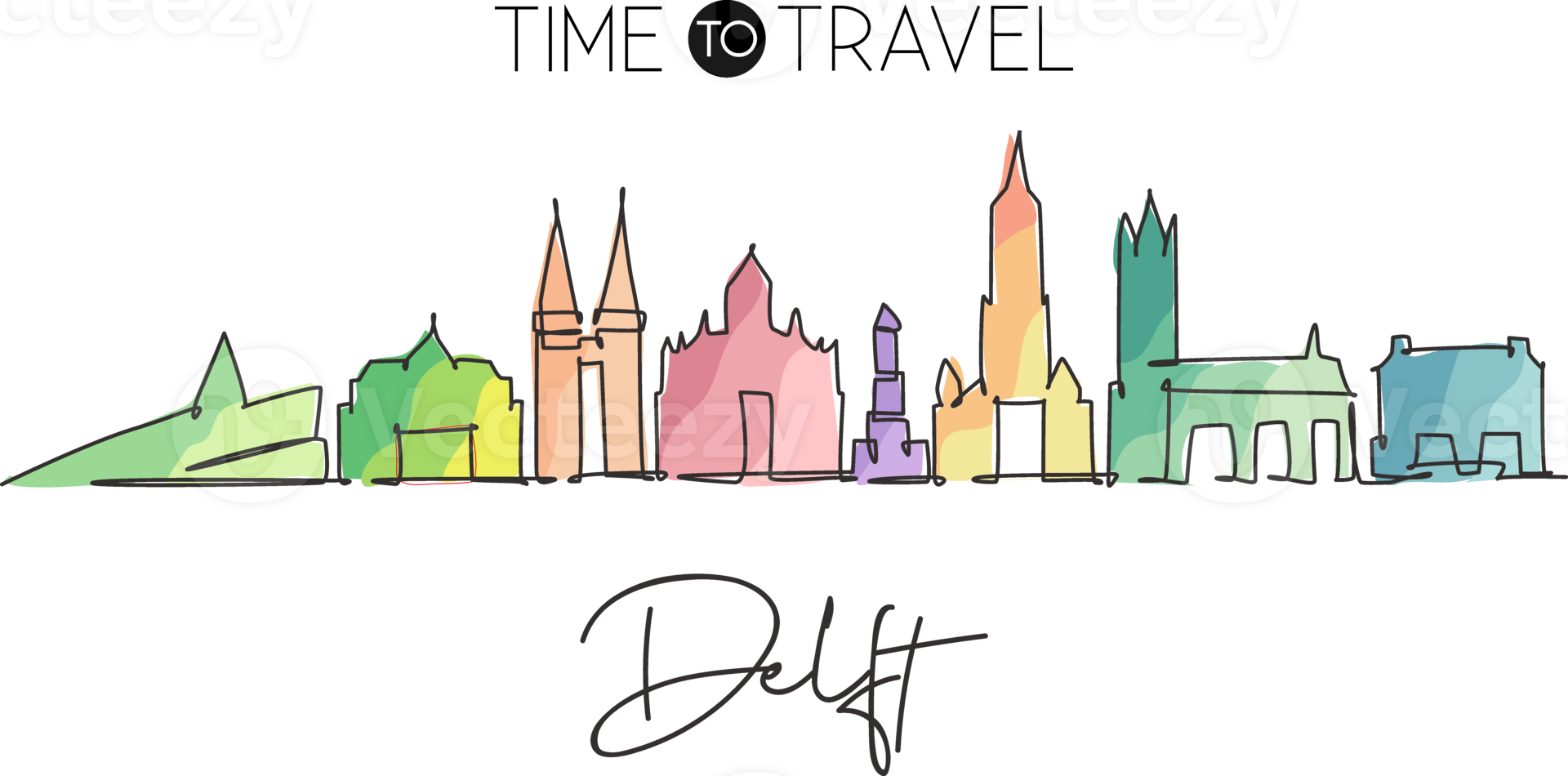 Single continuous line drawing of Delft city skyline, Netherlands. Famous skyscraper landscape. World travel home wall decor poster print art concept. Modern one line draw design vector illustration png