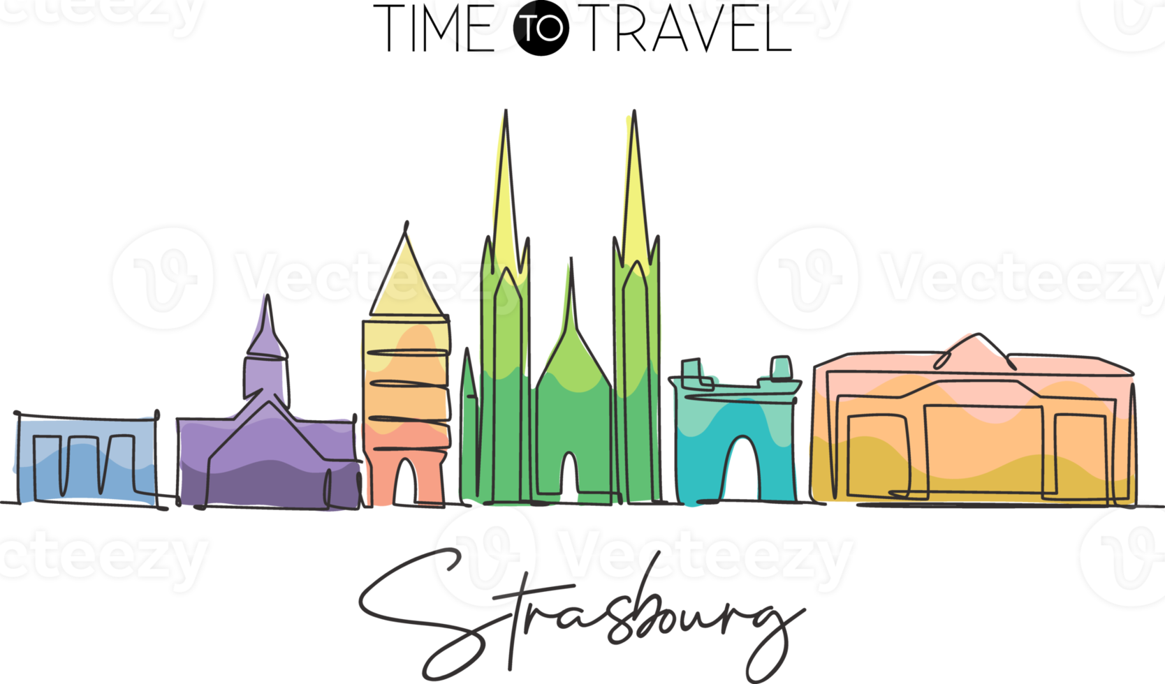 Single continuous line drawing of Strasbourg city skyline, France. Famous skyscraper landscape. World travel home wall decor art poster print concept. Modern one line draw design vector illustration png
