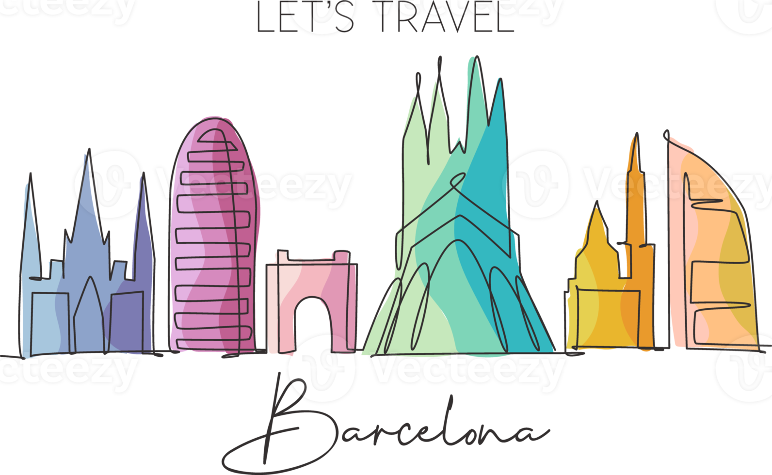 um desenho de linha contínua do horizonte da cidade de barcelona, espanha. belo arranha-céu. impressão do cartaz da decoração da parede das férias do turismo da paisagem mundial. ilustração em vetor de design de desenho de linha única elegante png