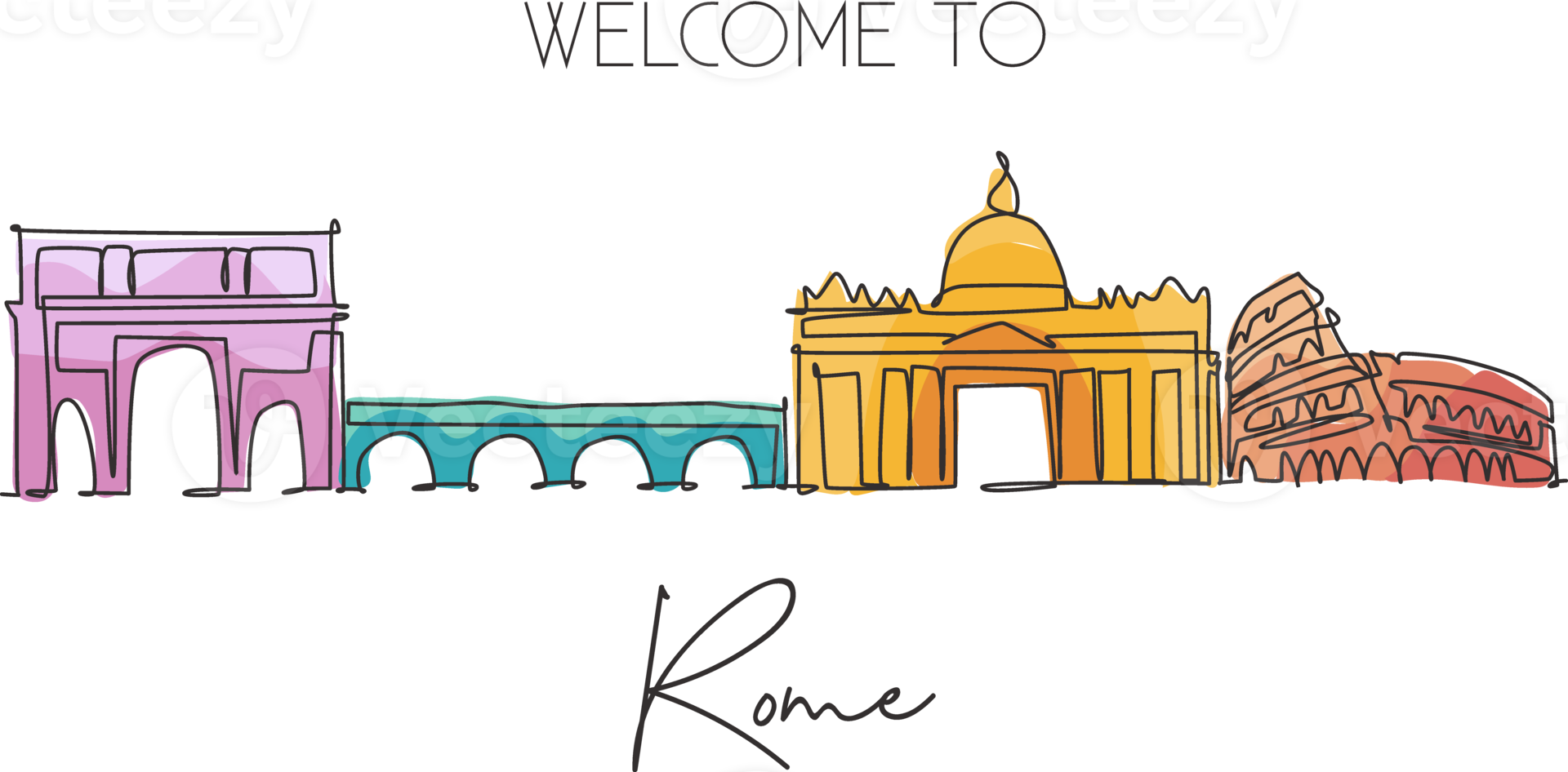 enkele doorlopende lijntekening van de skyline van de stad van rome, italië. beroemde roma wolkenkrabber landschap. wereld reizen huis muur decor poster print kunst concept. moderne één lijn tekenen ontwerp vectorillustratie png