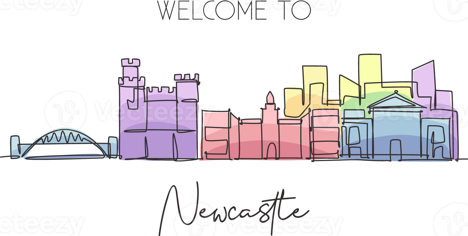 One continuous line drawing of Newcastle city skyline. Beautiful city skyscraper world landscape tourism travel vacation home wall decor poster art concept. Single line draw design vector illustration png