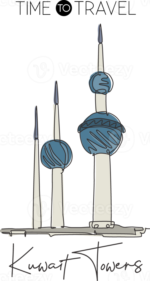 una linea continua che disegna il punto di riferimento delle torri del Kuwait. edificio più iconico della città del Kuwait. concetto di stampa di poster di arte della decorazione della parete della casa delle vacanze di vacanza. illustrazione vettoriale moderna con disegno a linea singola png
