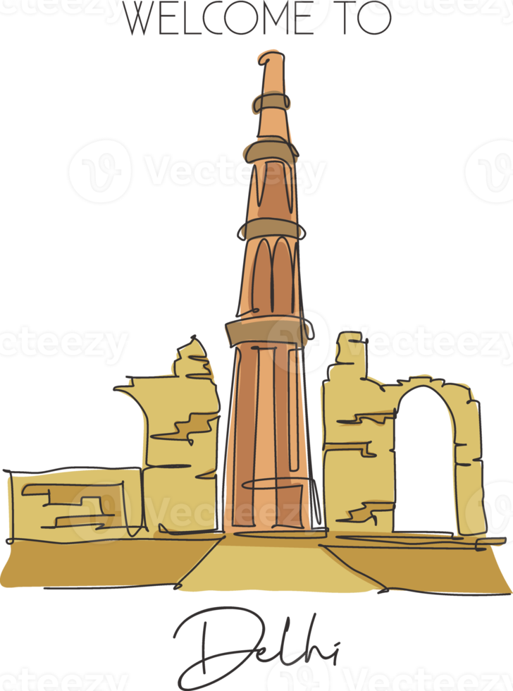 een ononderbroken lijntekening qutub minar moskee landmark. heilige islamitische plaats in delhi, india. vakantie vakantie huis muur decor poster print concept. moderne enkele lijn tekenen ontwerp vectorillustratie png