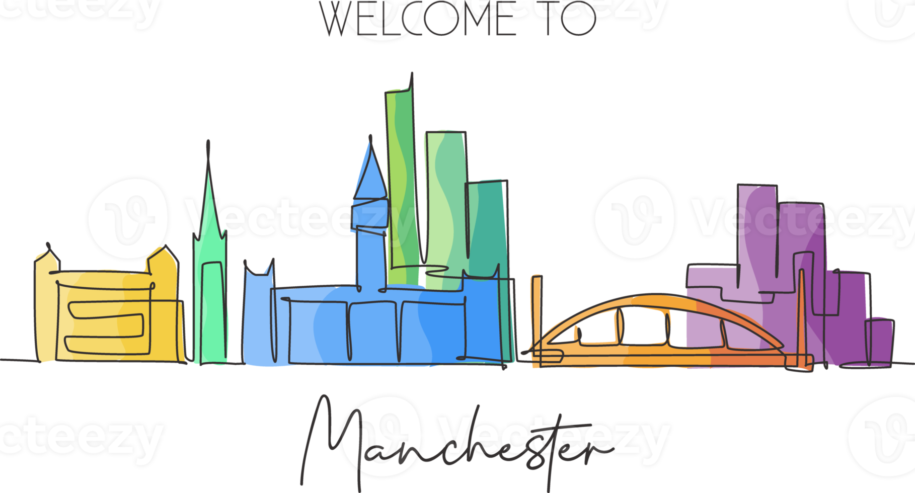 einzelne fortlaufende Linienzeichnung der Skyline von Manchester City. berühmte Wolkenkratzerlandschaft der Welt. Weltreise-Home-Wand-Dekor-Poster-Print-Konzept. moderne einzeilige abgehobene betragsdesign-vektorillustration png