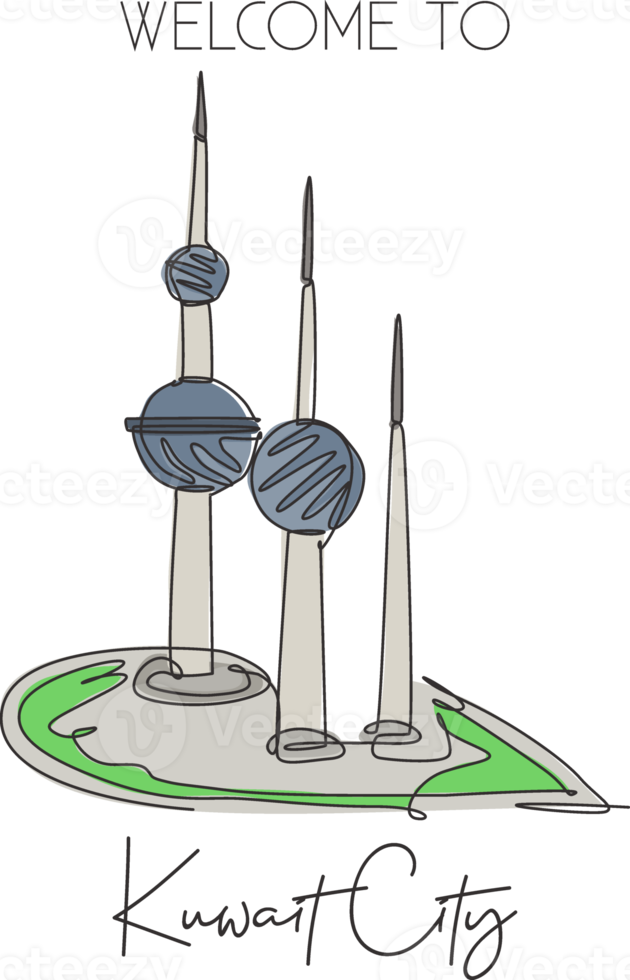 en enda linjeritning Kuwait Towers landmärke. världsberömd ikonisk byggnad i kuwait city. turism resor vykort vägg dekor affisch koncept. modern kontinuerlig linje rita design vektorillustration png