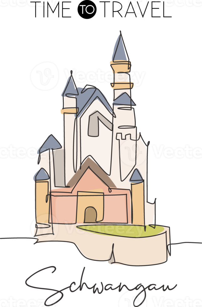 una línea continua dibujando el punto de referencia del castillo de neuschwanstein. palacio bávaro en hohenschwangau alemania. concepto de impresión de póster de arte de decoración de paredes para el hogar. ilustración de vector de diseño de dibujo de línea única moderna png