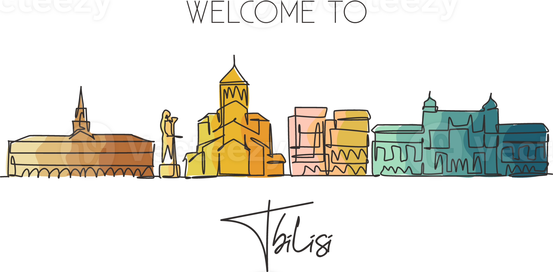 One single line drawing of Tbilisi city skyline, Georgia. Historical town landscape in the world. Best holiday destination print. Editable stroke trendy continuous line draw design vector illustration png