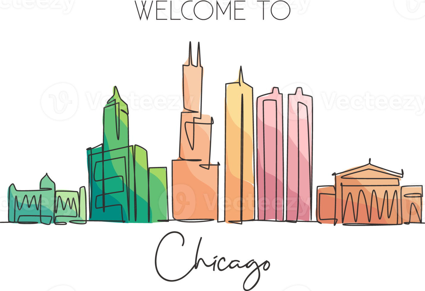 enkele doorlopende lijntekening van de skyline van Chicago, Verenigde Staten. beroemde stadskrabber en landschap. wereld reizen concept home muur decor poster print kunst. moderne één lijn tekenen ontwerp vectorillustratie png
