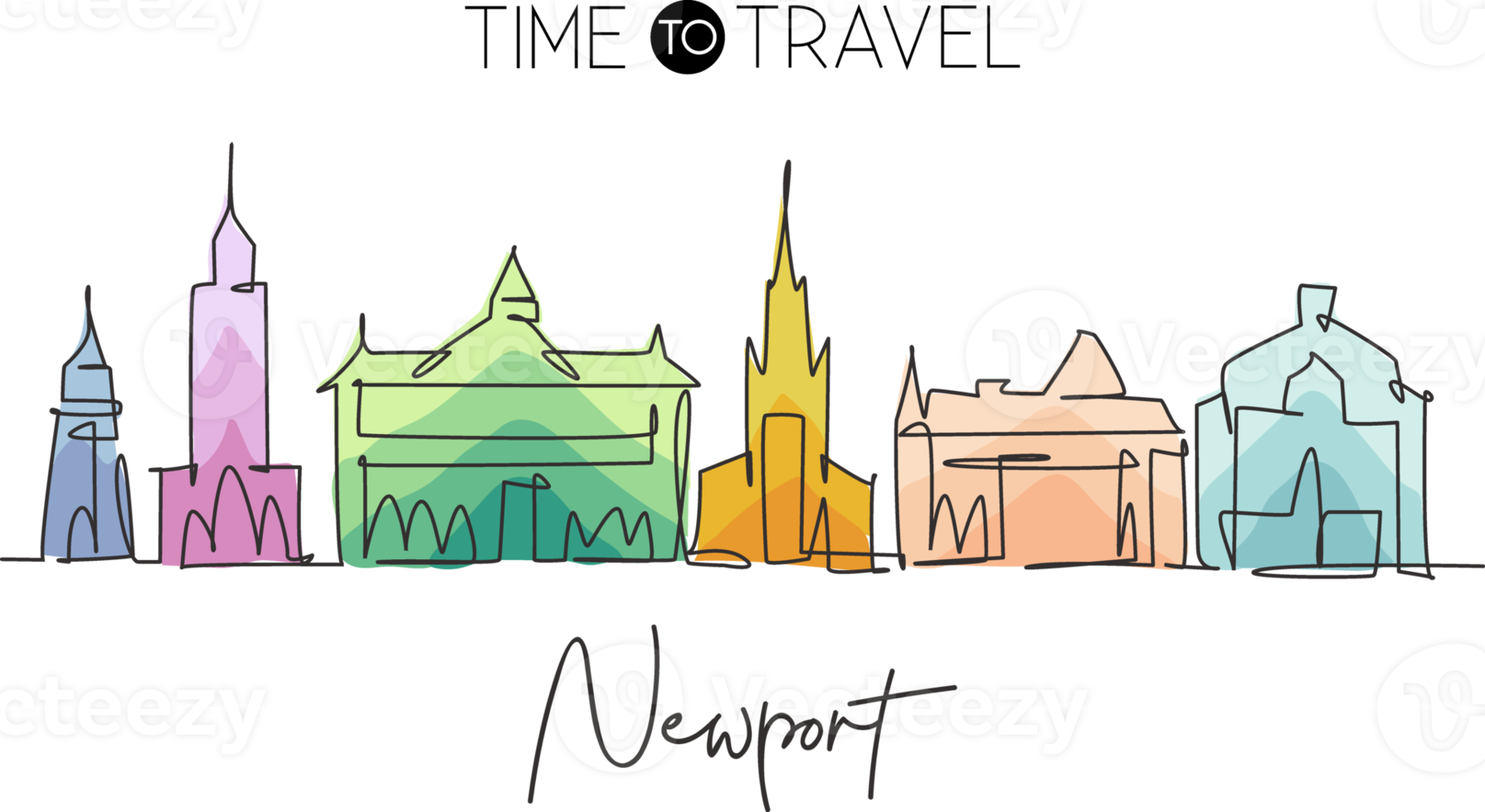 Single continuous line drawing of Newport city skyline, Wales. Famous city scraper and landscape in the world. World travel concept art. Editable stroke modern one line draw design vector illustration png