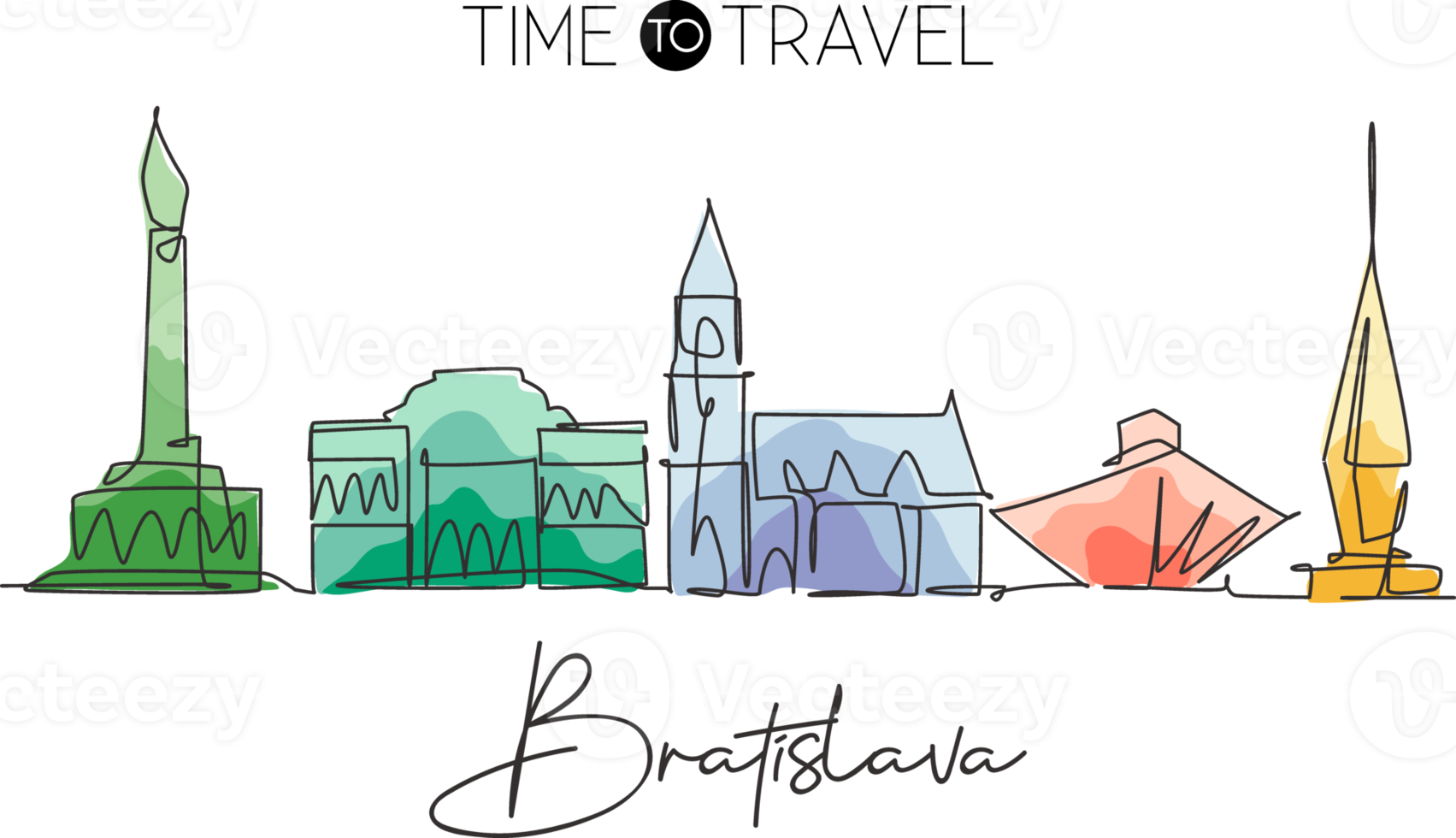 un dibujo de una sola línea del horizonte de la ciudad de bratislava, eslovaquia. paisaje histórico de la ciudad en el mundo. mejor destino de vacaciones. ilustración de vector de diseño de dibujo de línea continua de moda de trazo editable png