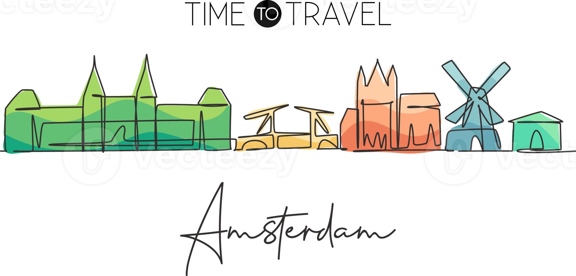 One continuous line drawing of Amsterdam city skyline, Netherlands. Beautiful city skyscraper. World landscape tourism travel vacation wall decor poster. Single line draw design vector illustration png