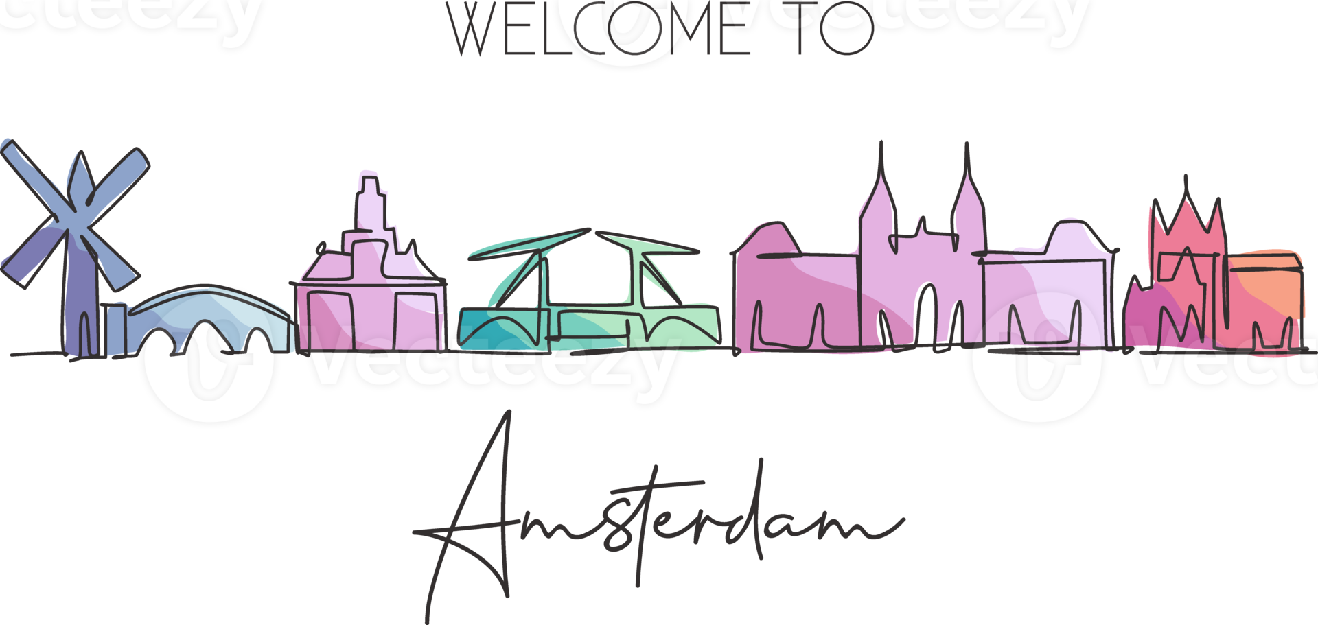 einzelne durchgehende linienzeichnung der skyline von amsterdam, niederlande. berühmte Wolkenkratzer-Landschaftspostkarte. Weltreise-Wanddekor-Poster-Kunstkonzept. moderne einzeilige abgehobene betragsdesign-vektorillustration png
