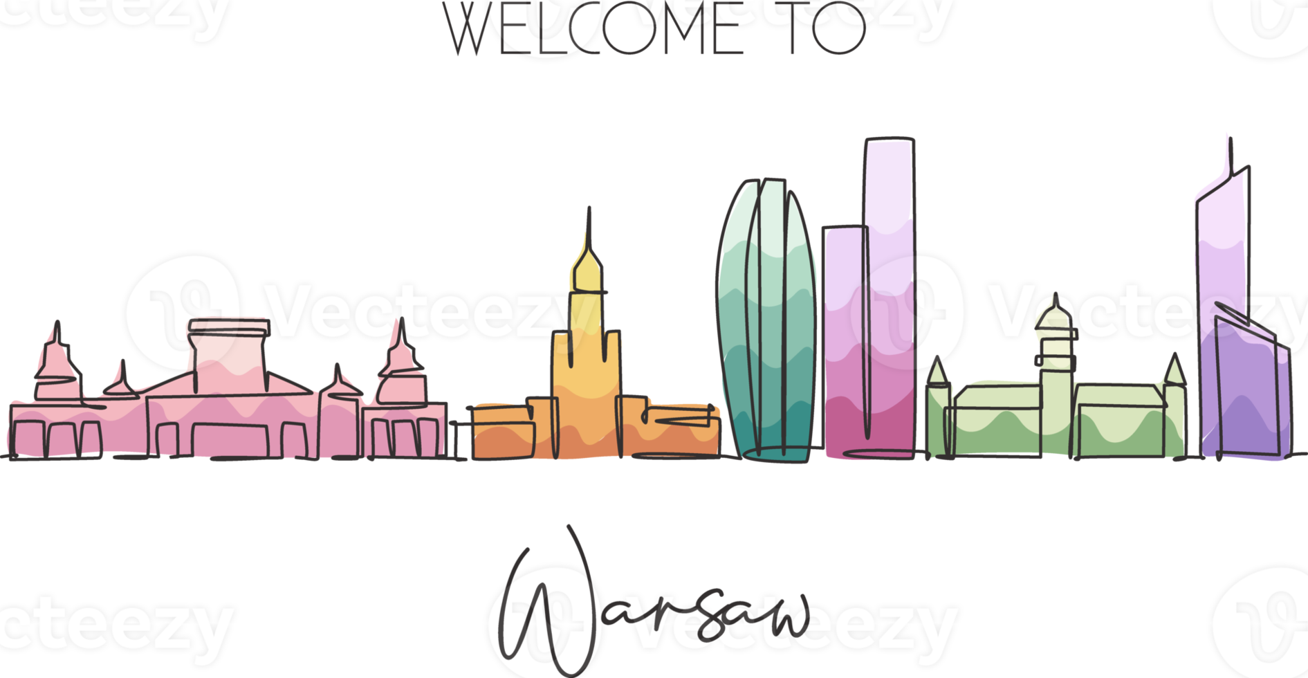 One single line drawing of Warsaw city skyline, Poland. Historical skyscraper landscape in world. Best holiday destination wall decor poster art. Trendy continuous line draw design vector illustration png