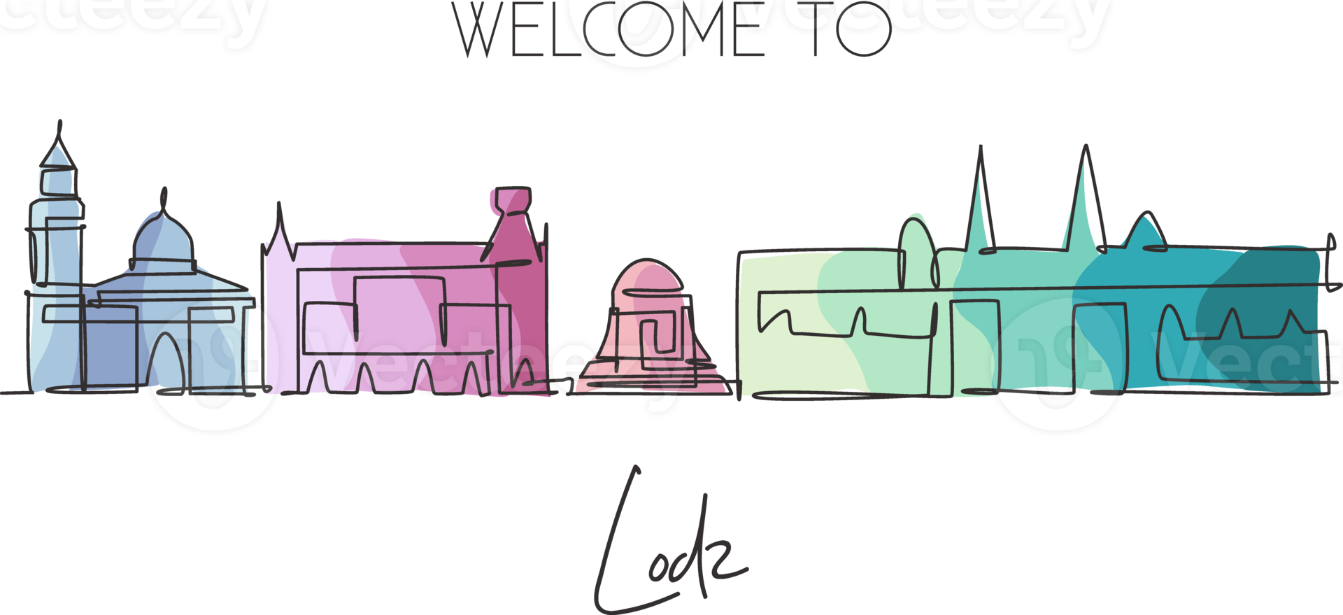 Single continuous line drawing of Lodz city skyline, Poland. Famous skyscraper landscape postcard. World travel concept home wall decor poster. Editable modern one line draw design vector illustration png