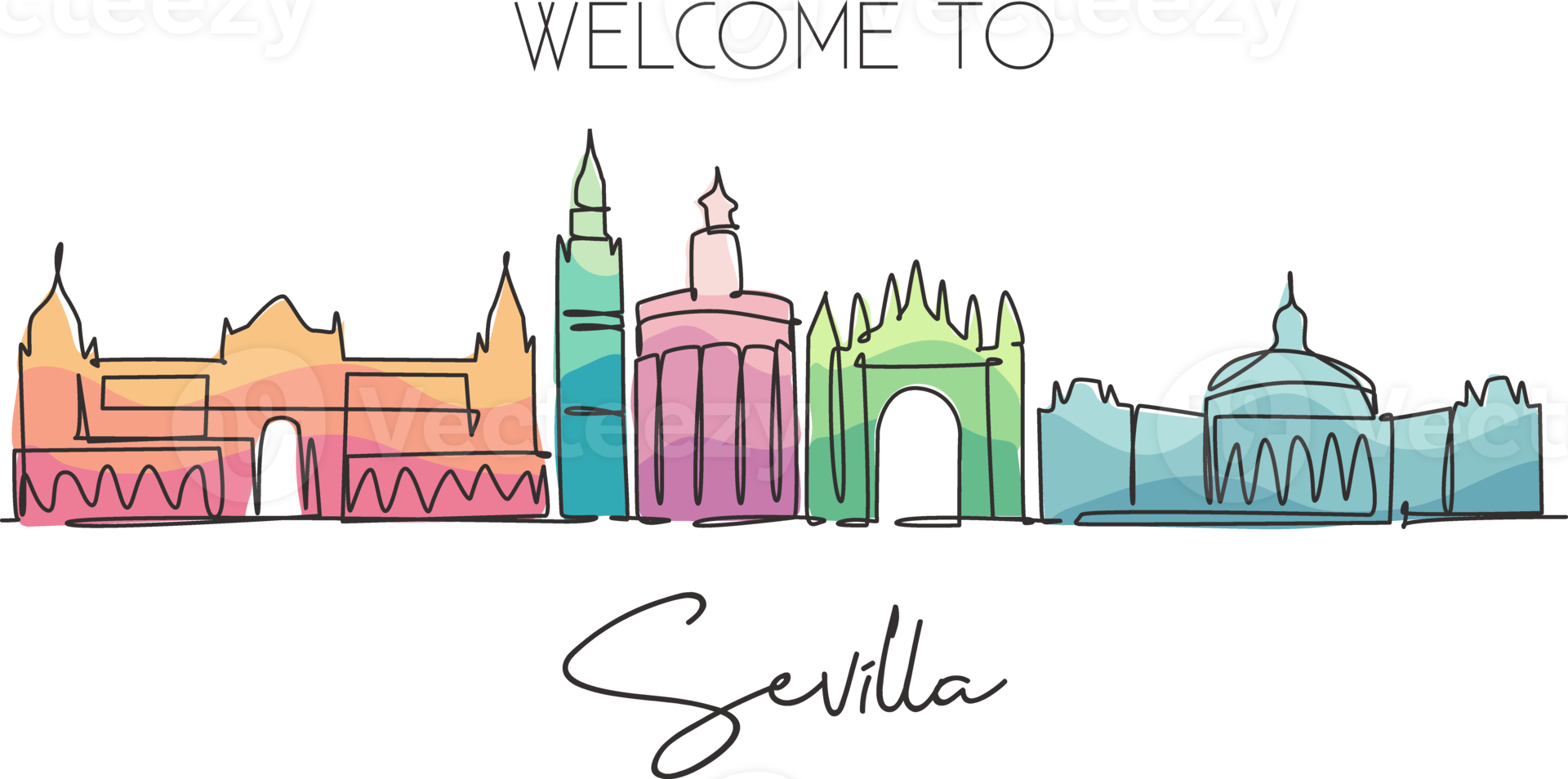 eine durchgehende strichzeichnung der skyline von sevilla, spanien. schöner Wolkenkratzer. Weltlandschaft Tourismus Reise Urlaub Wanddekor Poster Konzept. stilvolle einzeilige zeichnen-design-vektorillustration png