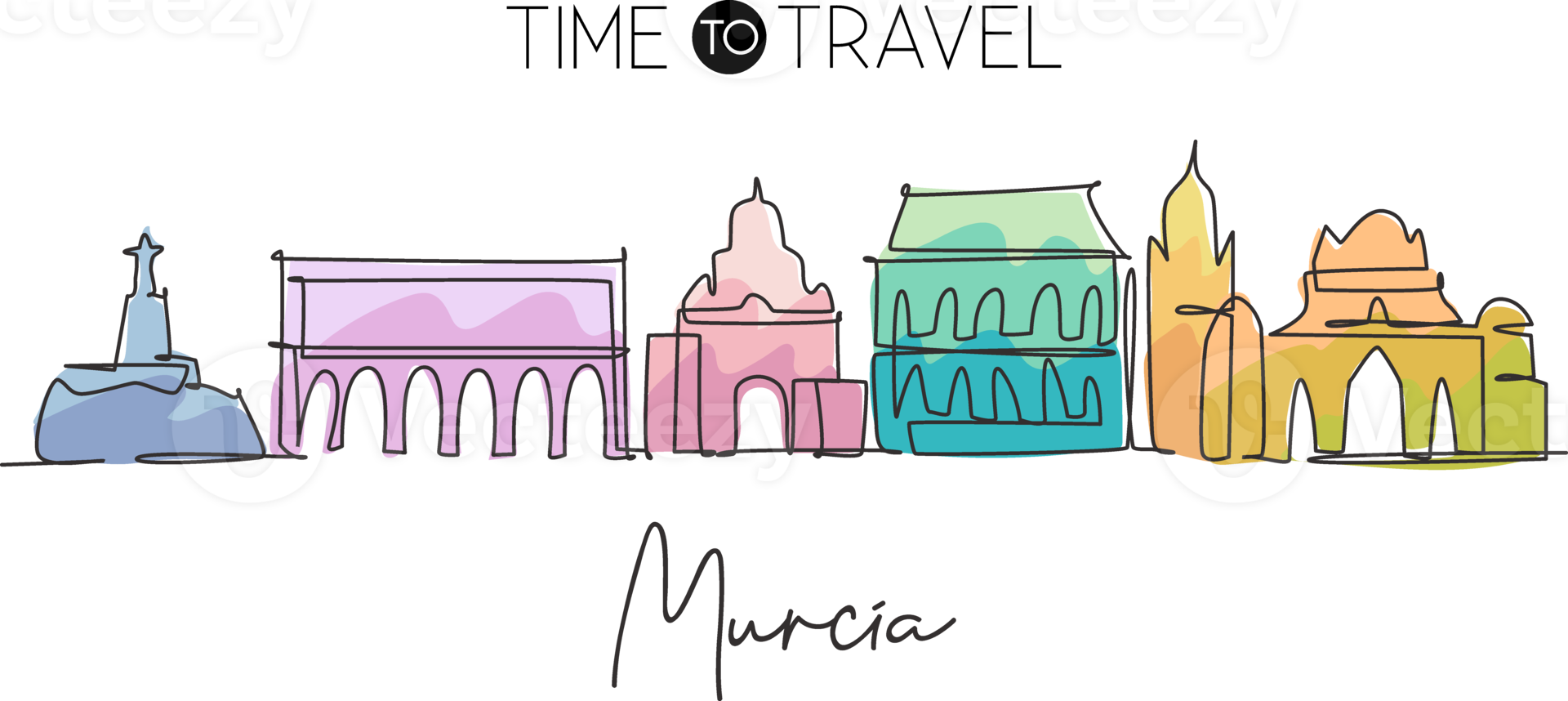 Single continuous line drawing of Murcia city skyline, Spain. Famous city skyscraper landscape postcard. World travel wall decor poster print concept. Modern one line draw design vector illustration png