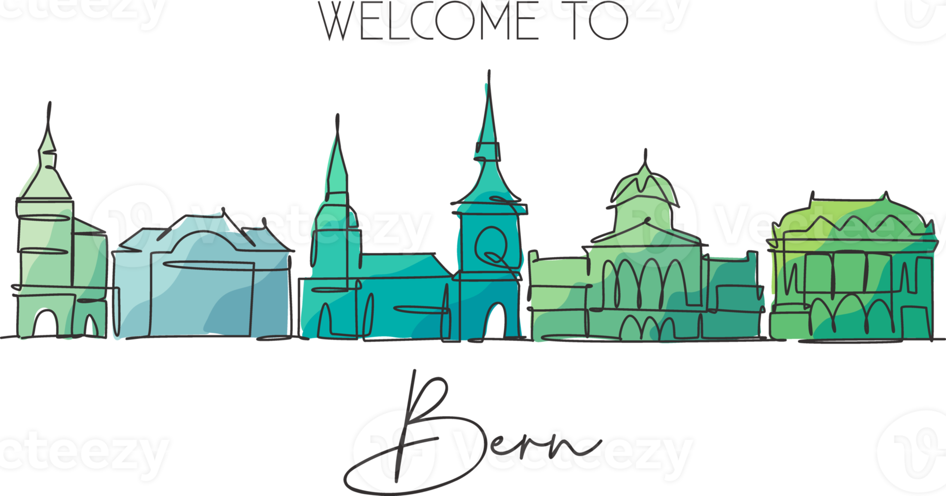 One continuous line drawing of Bern city skyline, Switzerland. Beautiful city skyscraper postcard. World landscape tourism travel wall decor poster. Stylish single line draw design vector illustration png