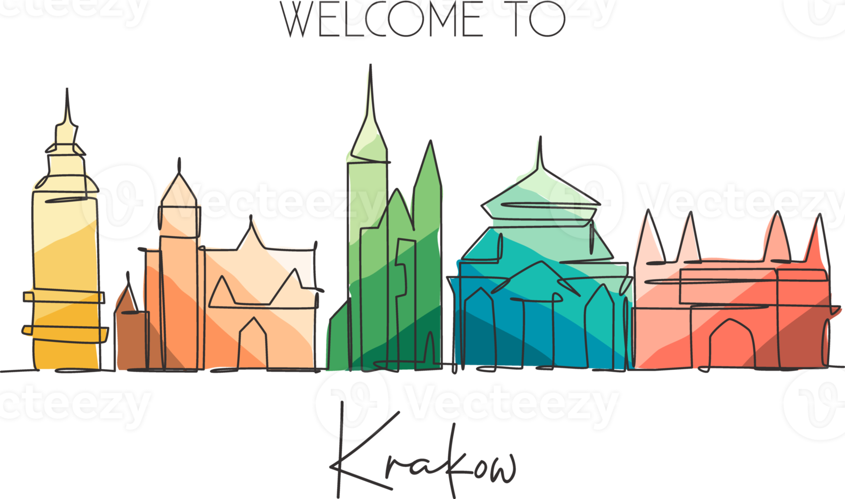 One single line drawing of Krakow city skyline, Poland. Historical skyscraper landscape postcard. Best holiday destination wall decor poster art. Trendy continuous line draw design vector illustration png