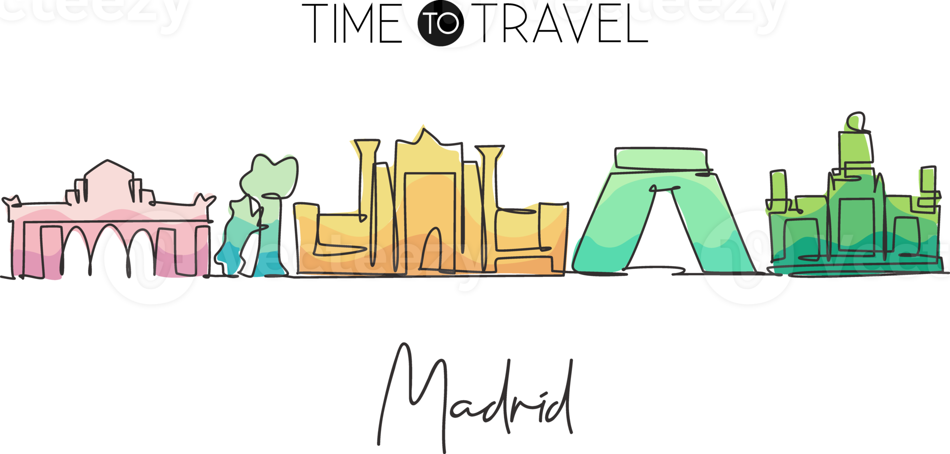eine einzige Strichzeichnung der Skyline der Stadt Madrid, Spanien. historische wolkenkratzerlandschaft in der weltpostkarte. bestes urlaubsziel wanddekor poster. ununterbrochene Linie zeichnen Design-Vektor-Illustration png