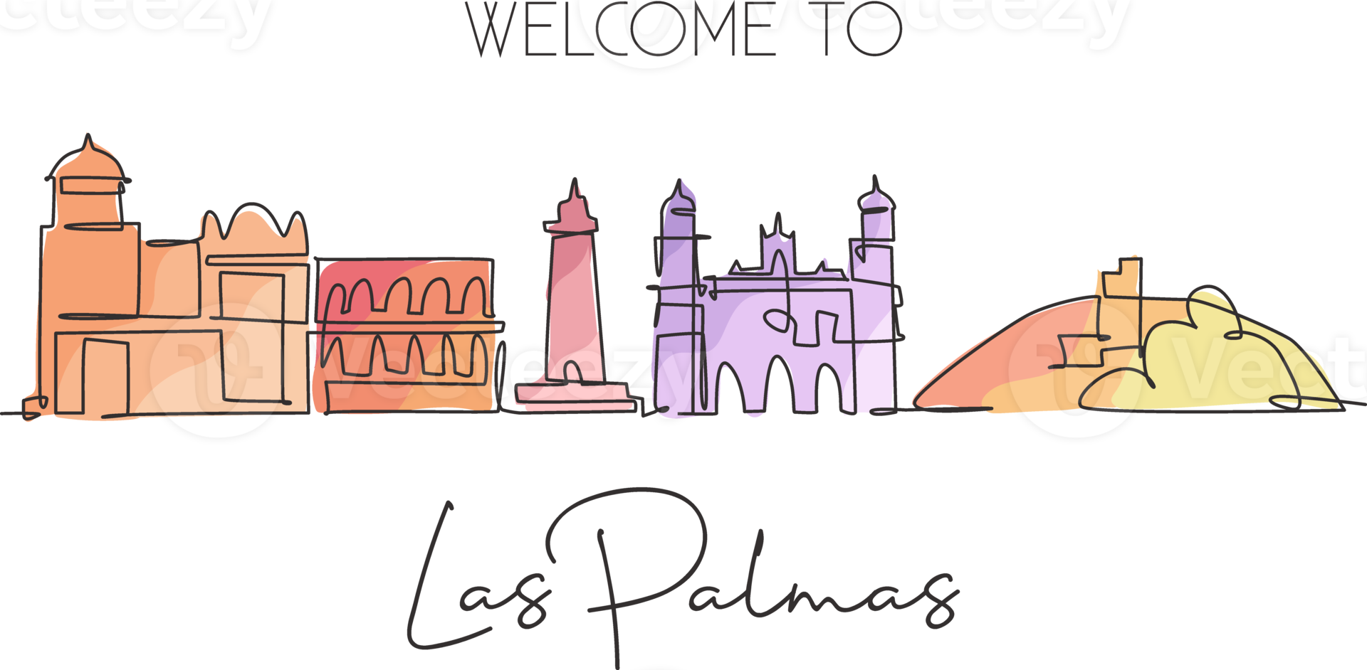en enda linjeteckning av Las Palmas stadssilhuett, Spanien. historiska skyskrapa landskap i världen vykort. bästa semestermål väggdekor affisch. kontinuerlig linje rita design vektorillustration png