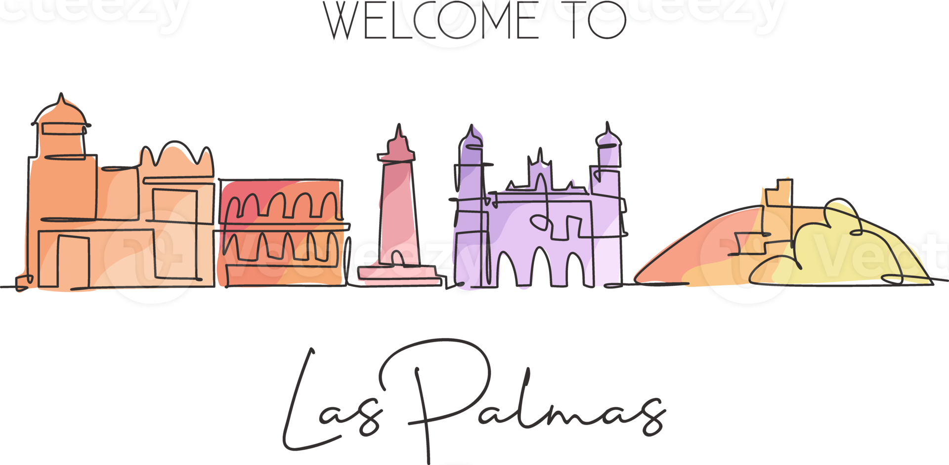 un seul dessin au trait des toits de la ville de las palmas en espagne. paysage de gratte-ciel historique dans la carte postale du monde. meilleure affiche de décoration murale de destination de vacances. ligne continue dessiner illustration vectorielle de conception png