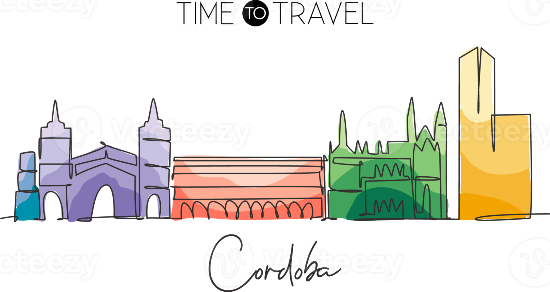 único desenho de linha contínua do horizonte da cidade de córdoba, espanha. famoso arranha-céu e cartão postal de paisagem. conceito de impressão de pôster de decoração de parede de viagem mundial. ilustração em vetor design de desenho de uma linha moderna png