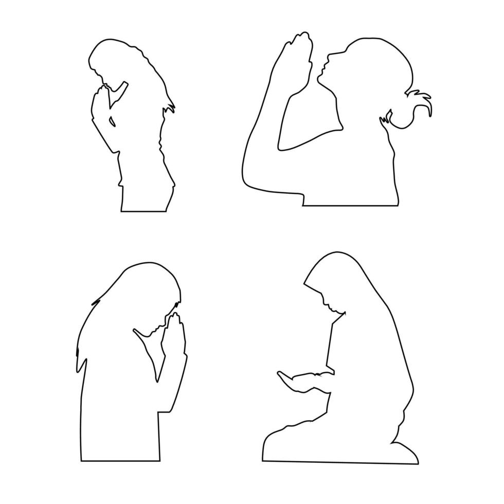 set of four outlines of women praying isolated on white background vector