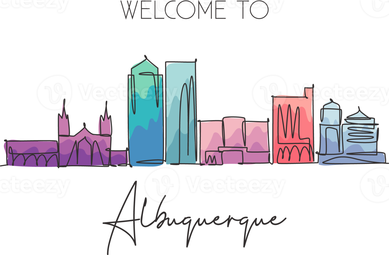 enda kontinuerlig linjeritning av Albuquerques stadssilhuett, New Mexico. berömda stadslandskap. världsresor koncept hem vägg dekor affisch print konst. moderna en rad rita design vektorillustration png