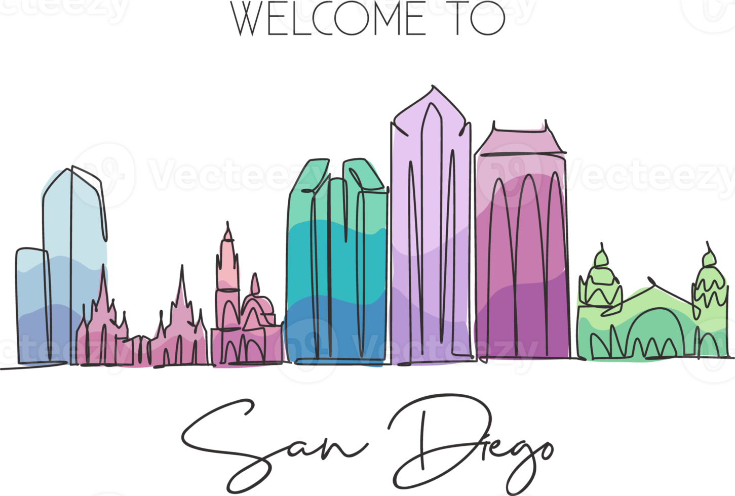 Single continuous line drawing of San Diego city skyline, USA. Famous city scraper and landscape. World travel concept home wall decor poster print art. Modern one line draw design vector illustration png