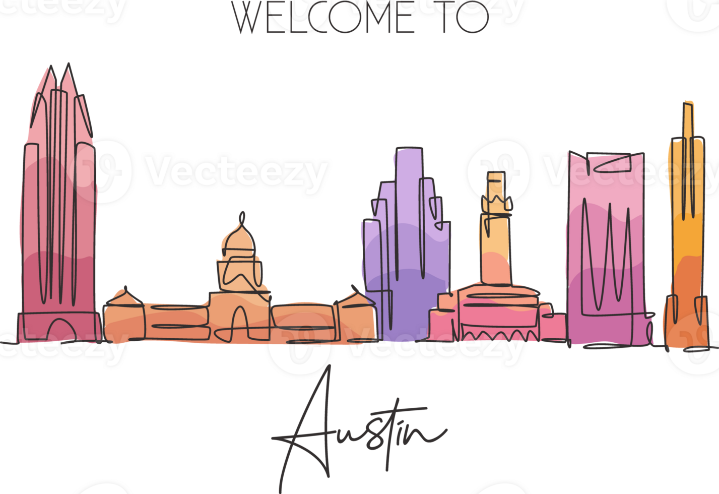 One single line drawing of Austin city skyline, United States. Historical town landscape in the world. Best holiday destination. Editable stroke trendy continuous line draw design vector illustration png