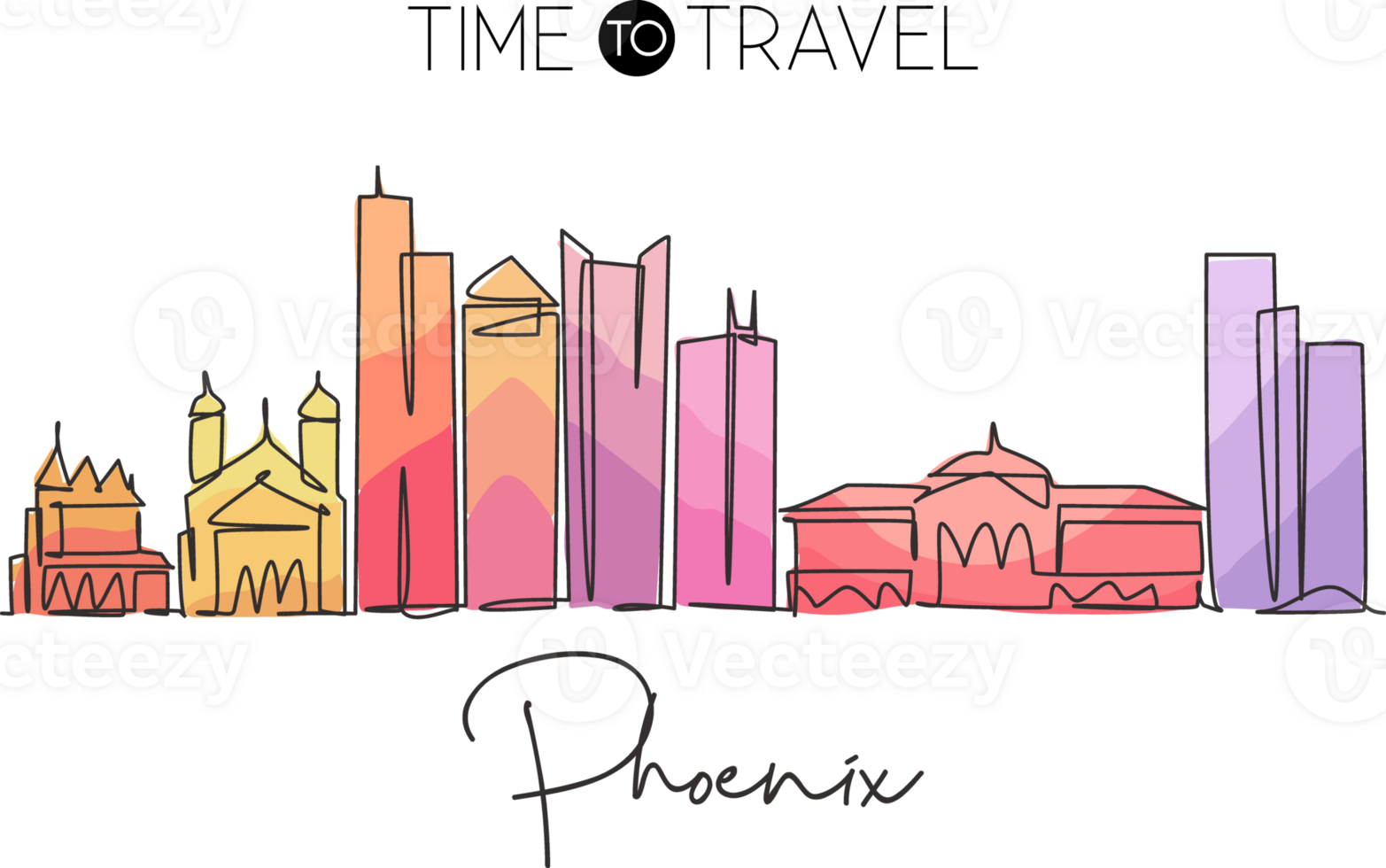 Single continuous line drawing of Phoenix city skyline, USA. Famous city scraper and landscape. World travel concept home decor wall art poster print. Modern one line draw design vector illustration png
