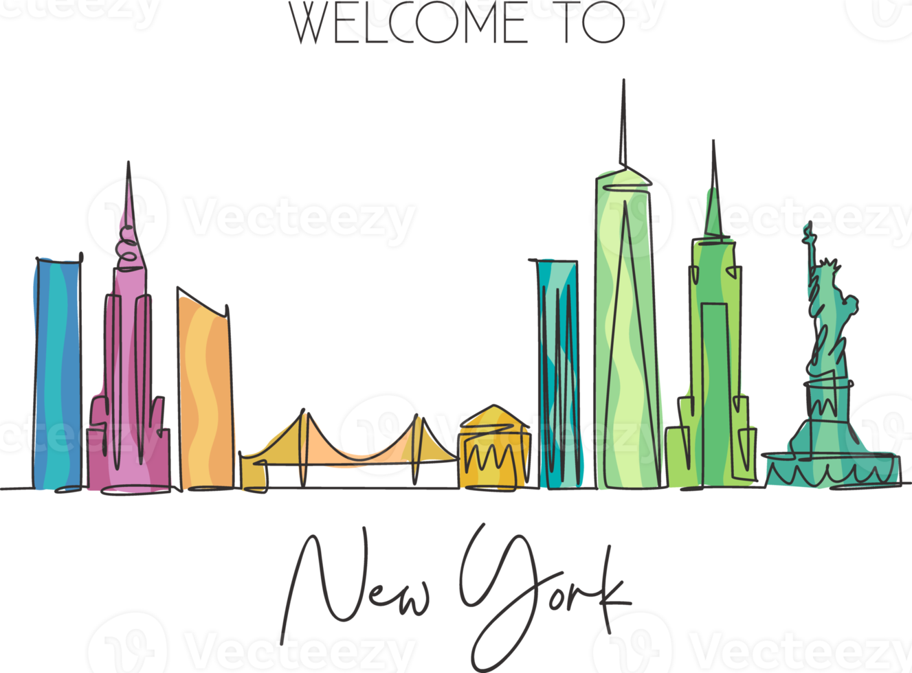 One continuous line drawing of New York city skyline, United States of America. Beautiful city landmark. World landscape vacation. Editable stylish stroke single line draw design vector illustration png