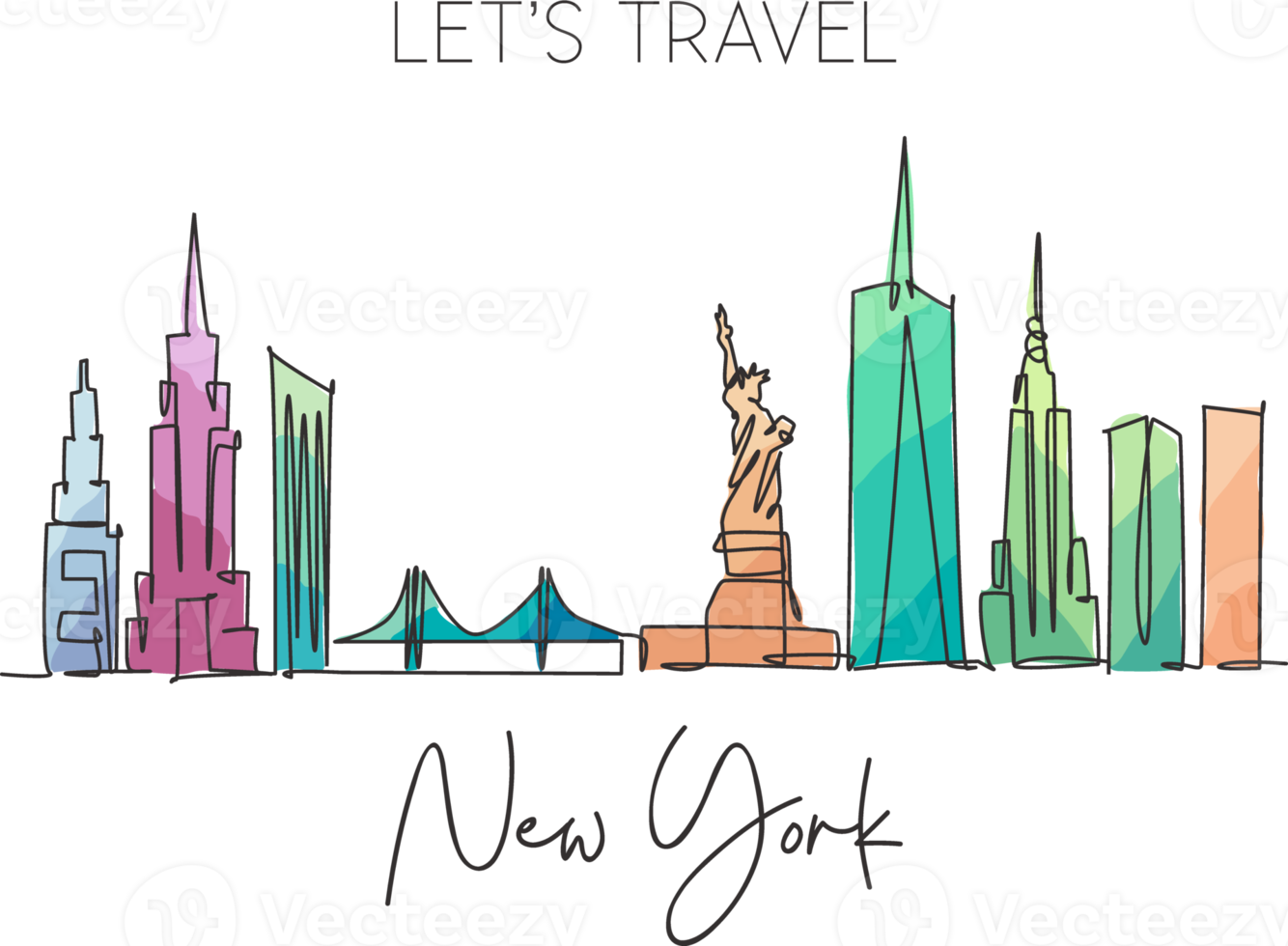 One single line drawing New York city skyline United States. Historical town landscape in world. Best holiday destination poster. Editable stroke trendy continuous line draw design vector illustration png