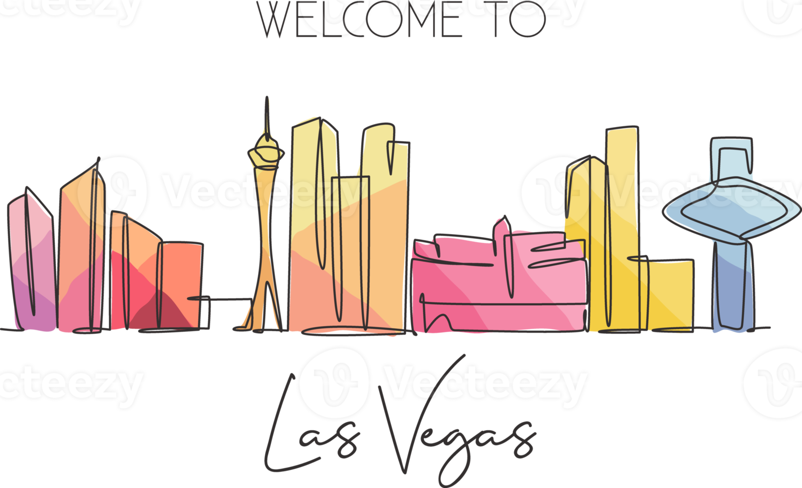 enda kontinuerlig linjeritning av las vegas city skyline, usa. berömda stadsskrapa och landskap. världsresor koncept affisch print konst. redigerbara stroke moderna en rad rita design vektorillustration png