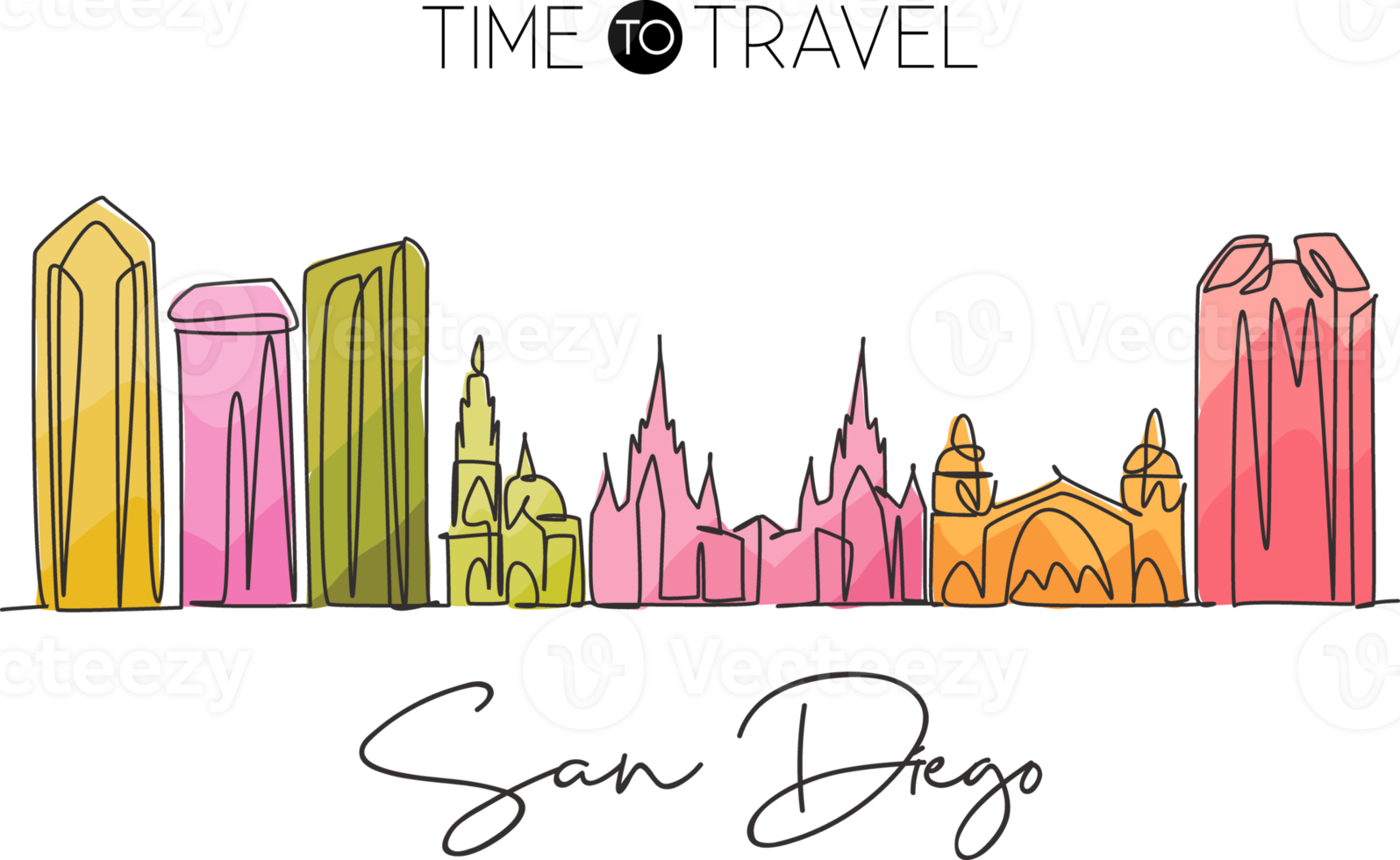 One single line drawing of San Diego city skyline, United States. Historical landscape in world. Best holiday destination poster. Editable stroke trendy continuous line draw design vector illustration png