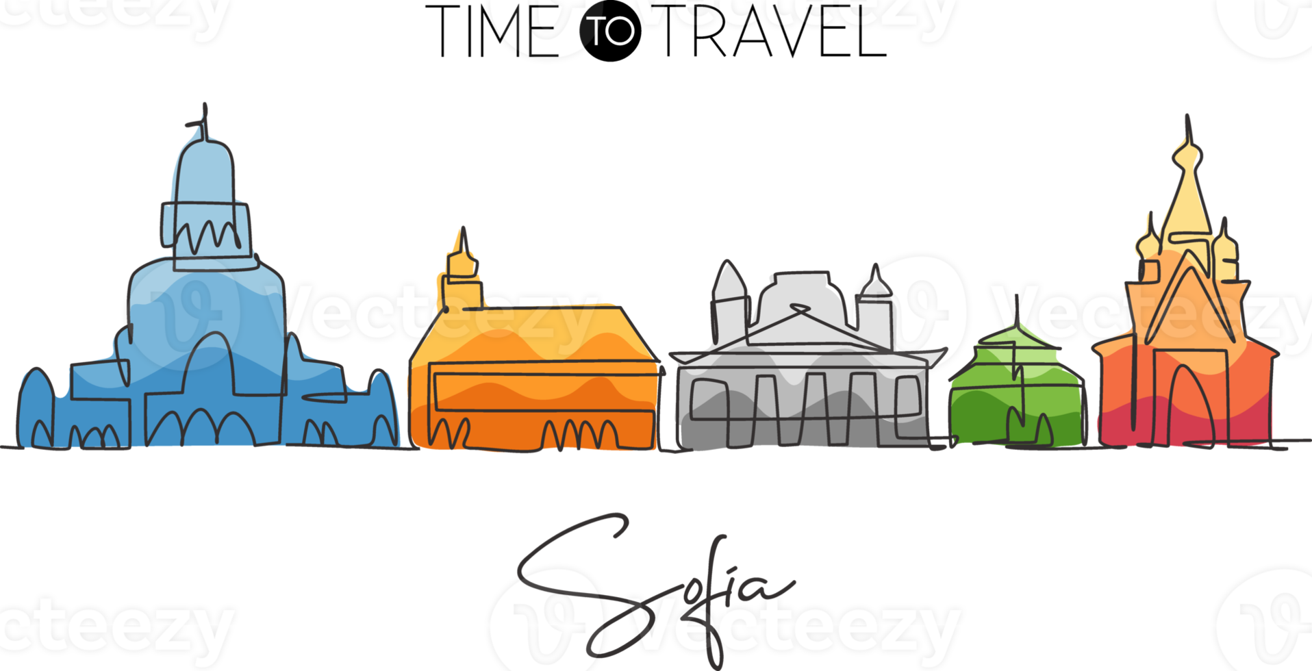 One single line drawing of Sofia city skyline, Bulgaria. Historical town landscape in the world. Best holiday destination poster. Editable stroke trendy continuous line draw design vector illustration png