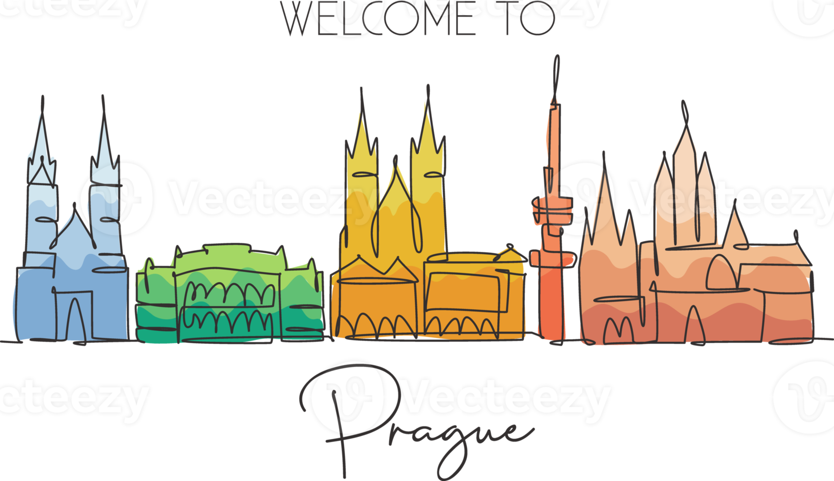 One continuous line drawing of Prague city skyline, Czech Republic. Beautiful landmark. World landscape tourism and travel vacation. Editable stylish stroke single line draw design vector illustration png