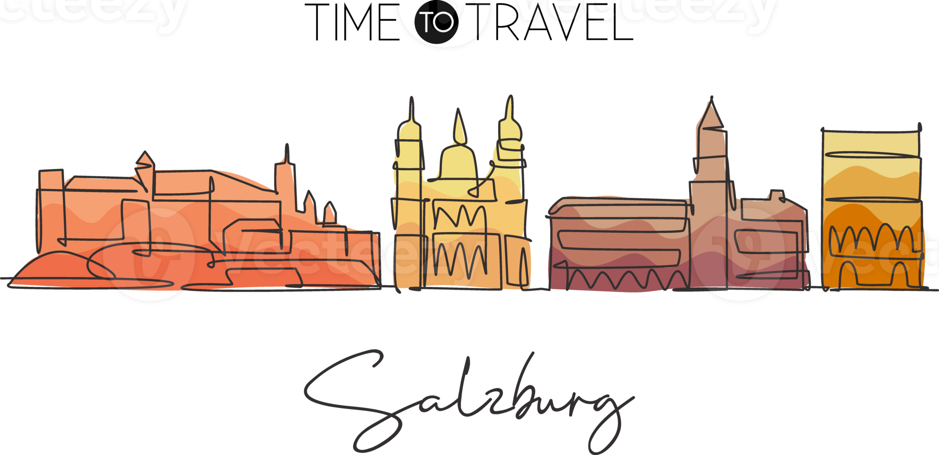 One continuous line drawing of Salzburg city skyline, Austria. Beautiful landmark. World landscape tourism and travel vacation. Editable stylish art stroke single line draw design vector illustration png