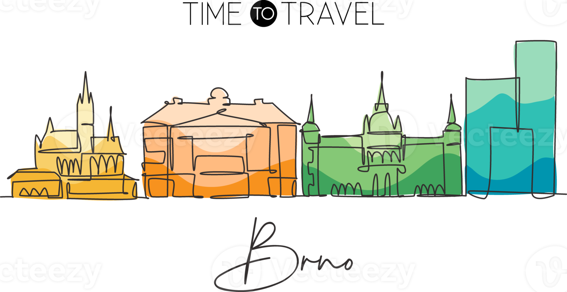 One single line drawing of Brno city skyline, Czech Republic. Historical town landscape in the world. Best holiday destination. Editable stroke trendy continuous line draw design vector illustration png
