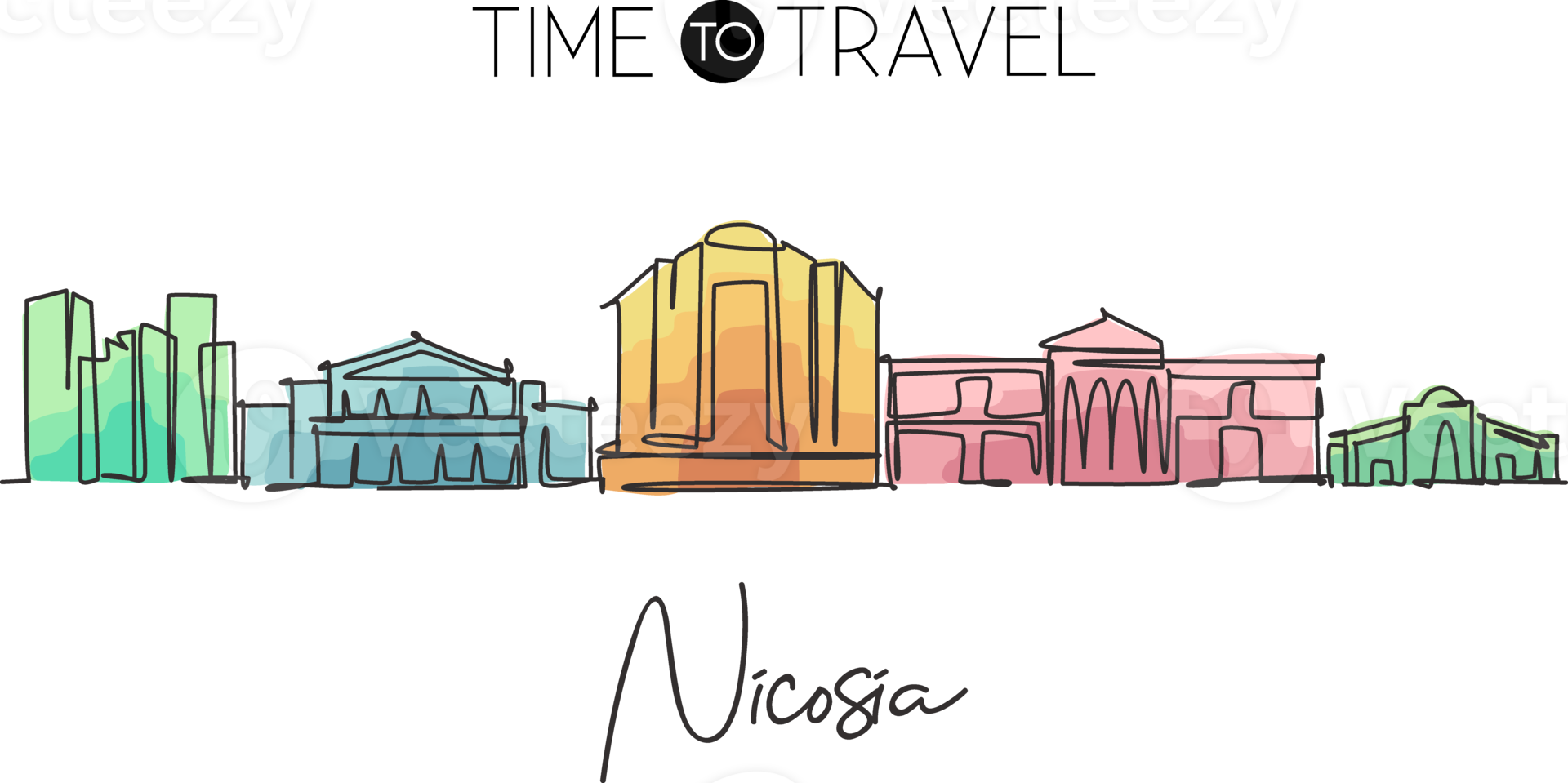Single continuous line drawing of Nicosia city skyline, Cyprus. Famous city scraper landscape. World travel concept home wall decor poster print art. Modern one line draw design vector illustration png