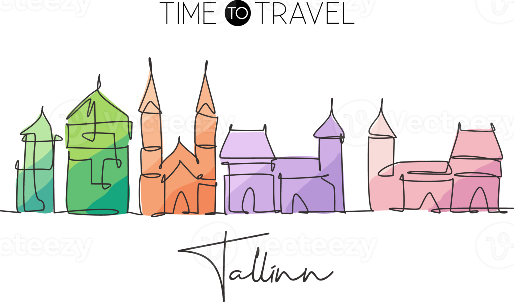 One continuous line drawing of Tallinn city skyline, Estonia. Beautiful landmark. World landscape tourism travel home wall decor poster print art. Stylish single line draw design vector illustration png