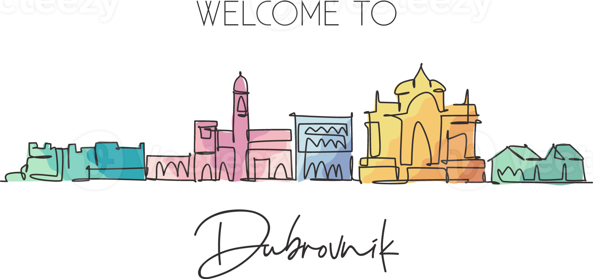 One continuous line drawing of Dubrovnik city skyline, Croatia. Beautiful landmark. World landscape tourism travel vacation poster. Editable stylish stroke single line draw design vector illustration png