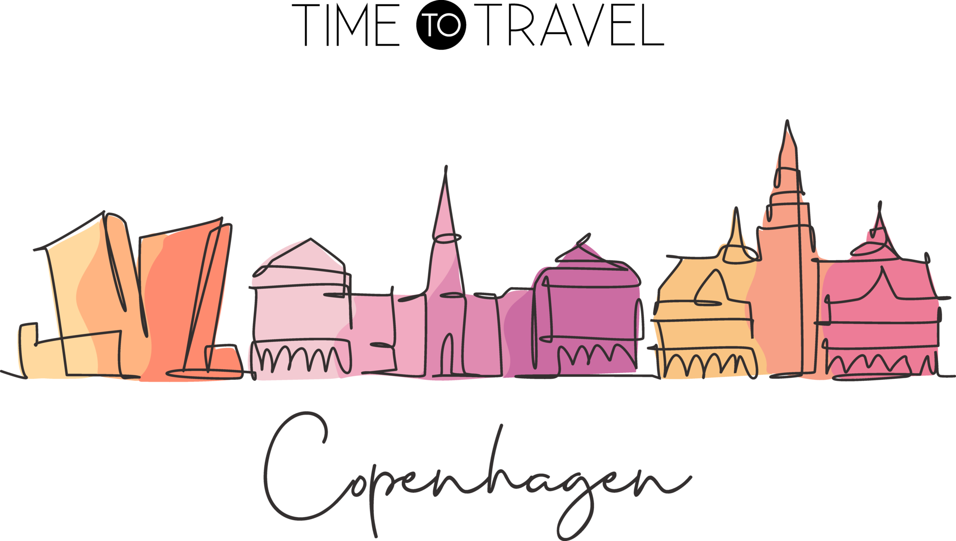 One continuous line drawing of Copenhagen city skyline, Denmark