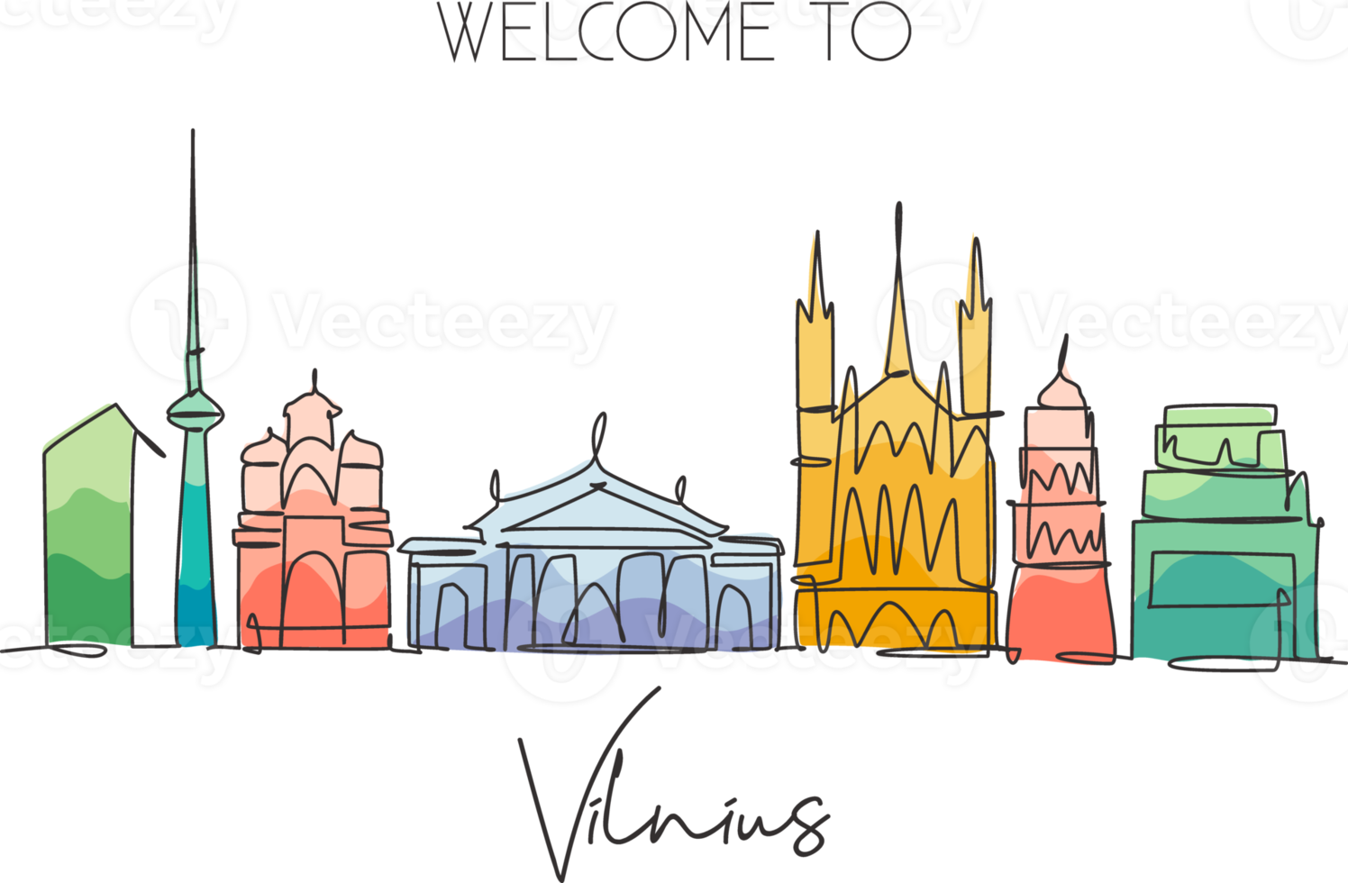 One single line drawing of Vilnius city skyline, Lithuania. Historical town landscape in world. Best holiday destination poster. Editable stroke trendy continuous line draw design vector illustration png