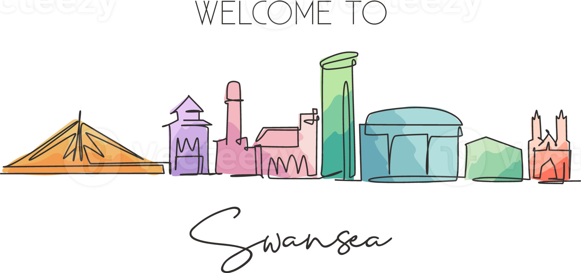 Single continuous line drawing of Swansea city skyline, United Kingdom. Famous city landscape. World travel concept home wall decor poster print art. Modern one line draw design vector illustration png